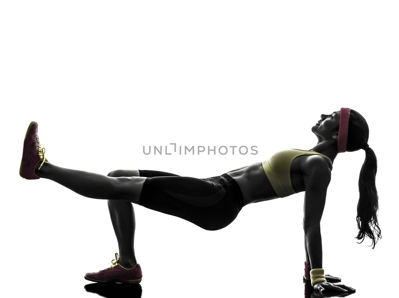 one woman exercising fitness workout in silhouette on white background