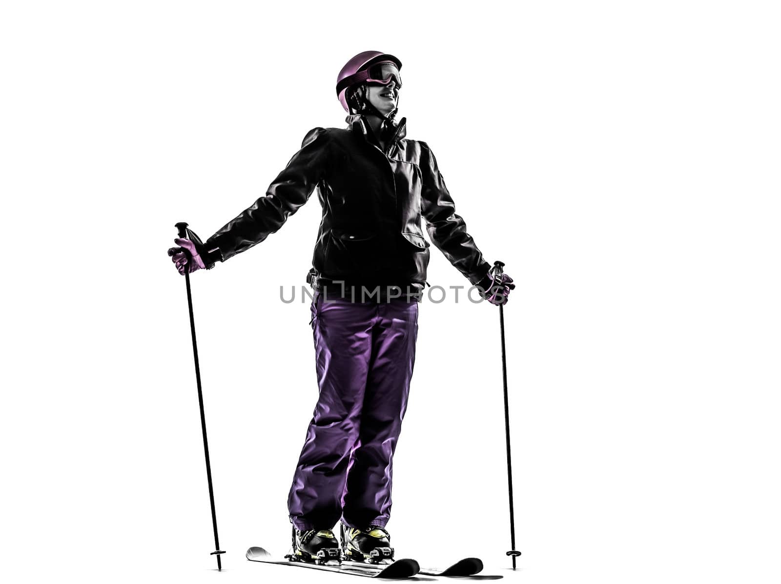 one caucasian woman skier skiing happy smiling in silhouette on white background