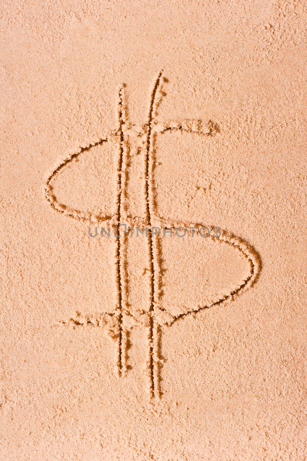 Dollar symbol drawn on wet sand on the beach by kosmsos111