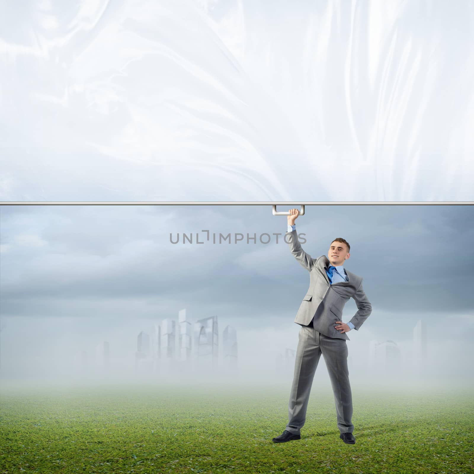 businessman holding a banner with one hand by adam121