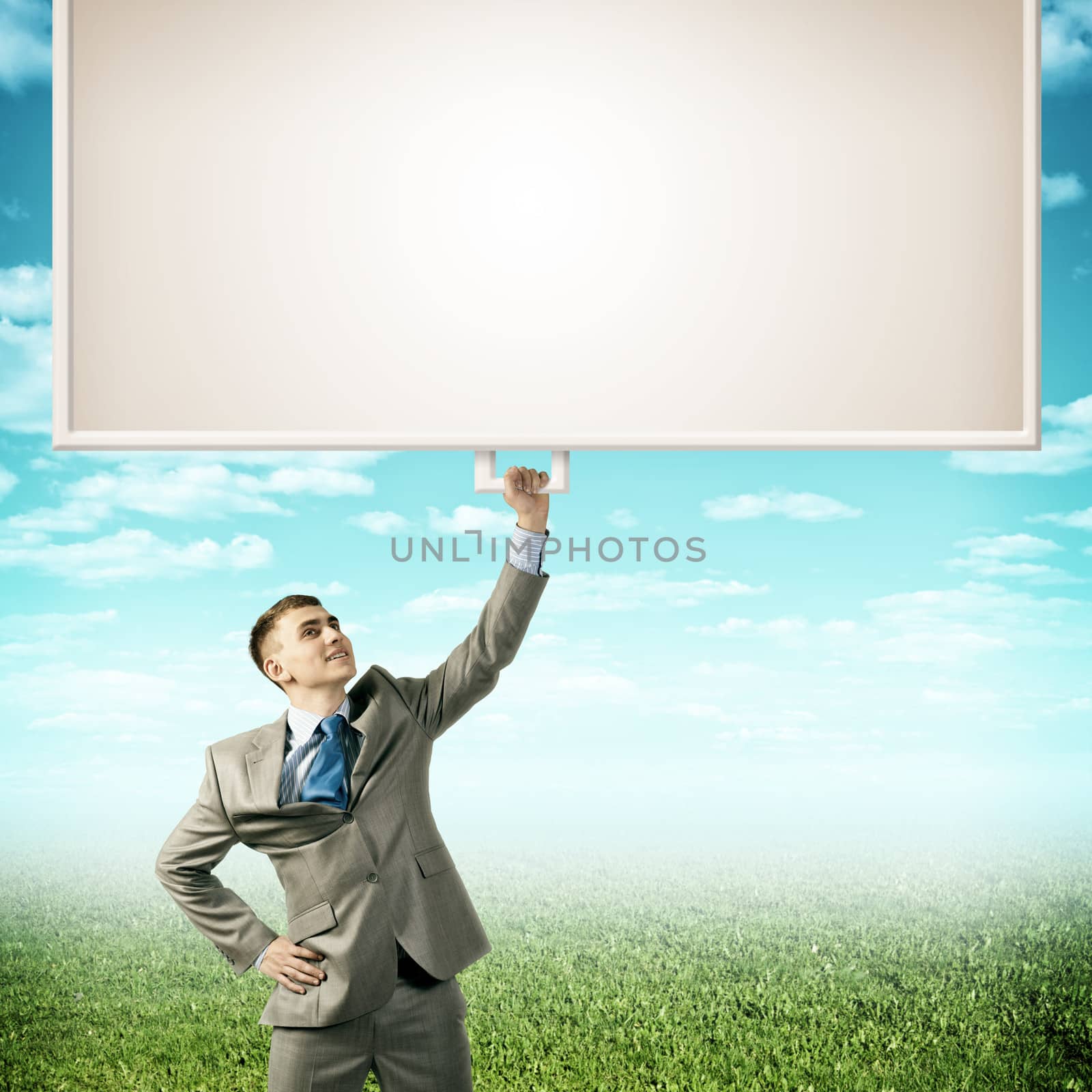 businessman holding a banner with one hand by adam121