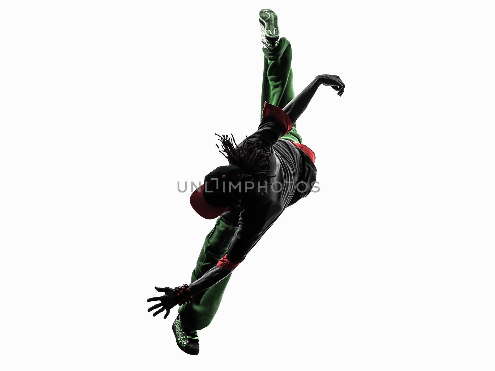 one hip hop acrobatic break dancer breakdancing young man jumping silhouette white background