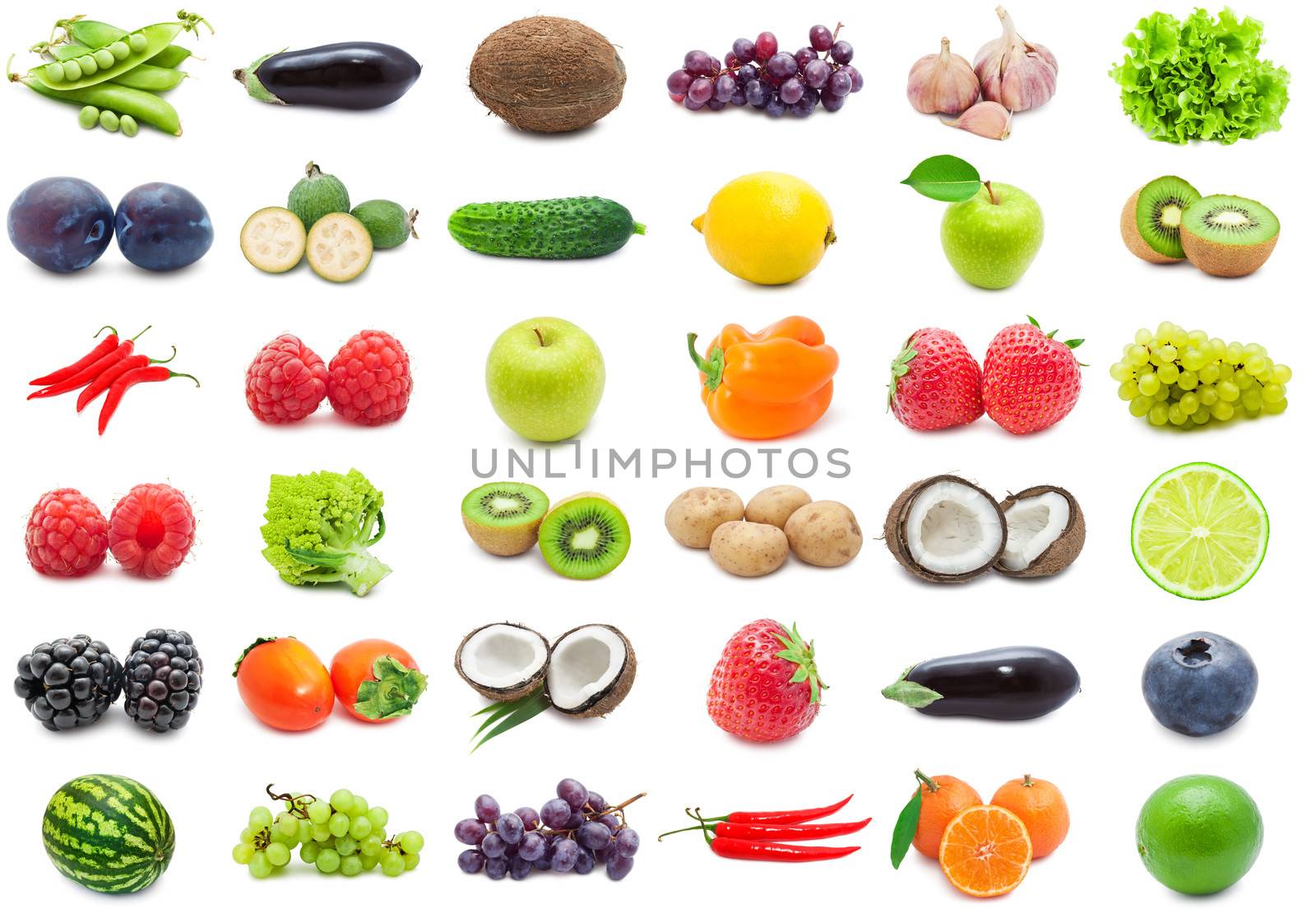 Collection of various fruits and vegetables isolated on white background