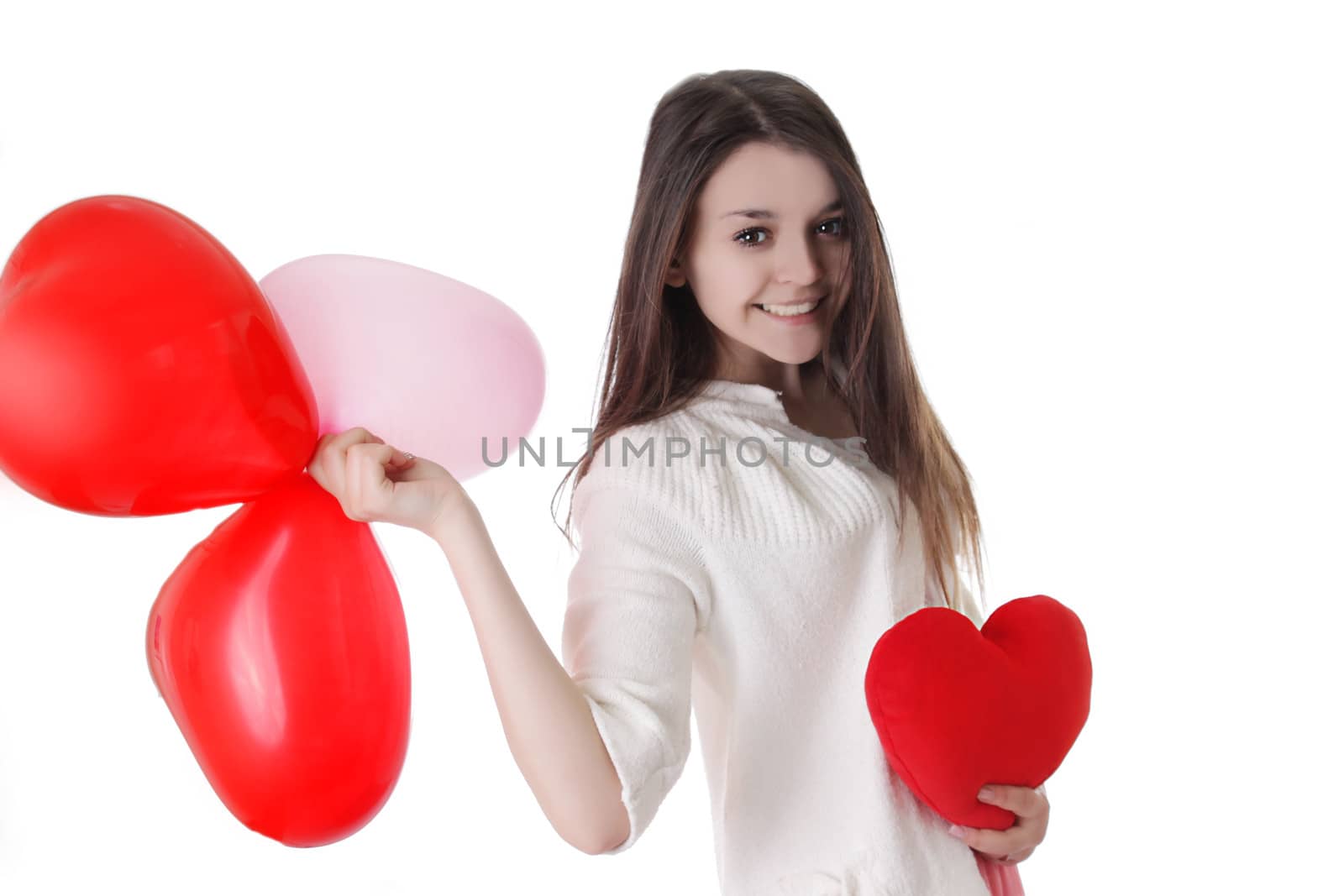 Smiling young girl with balloons and plush heart by Angel_a