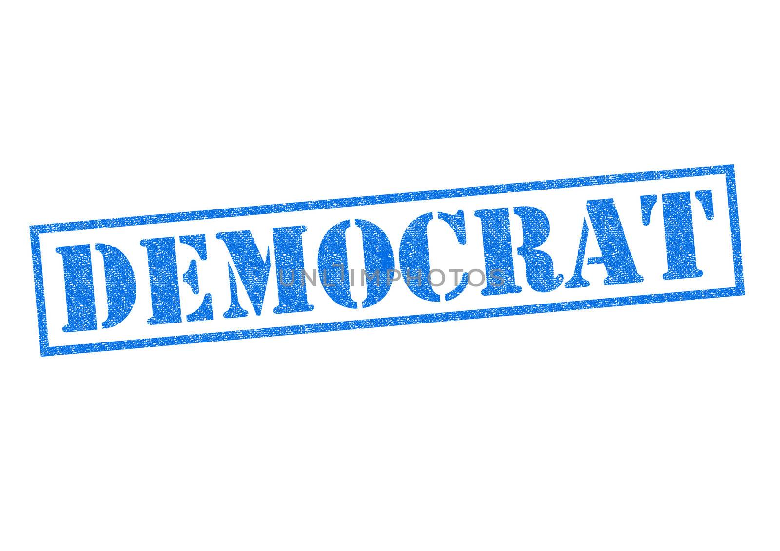 DEMOCRAT blue Rubber Stamp over a white background.