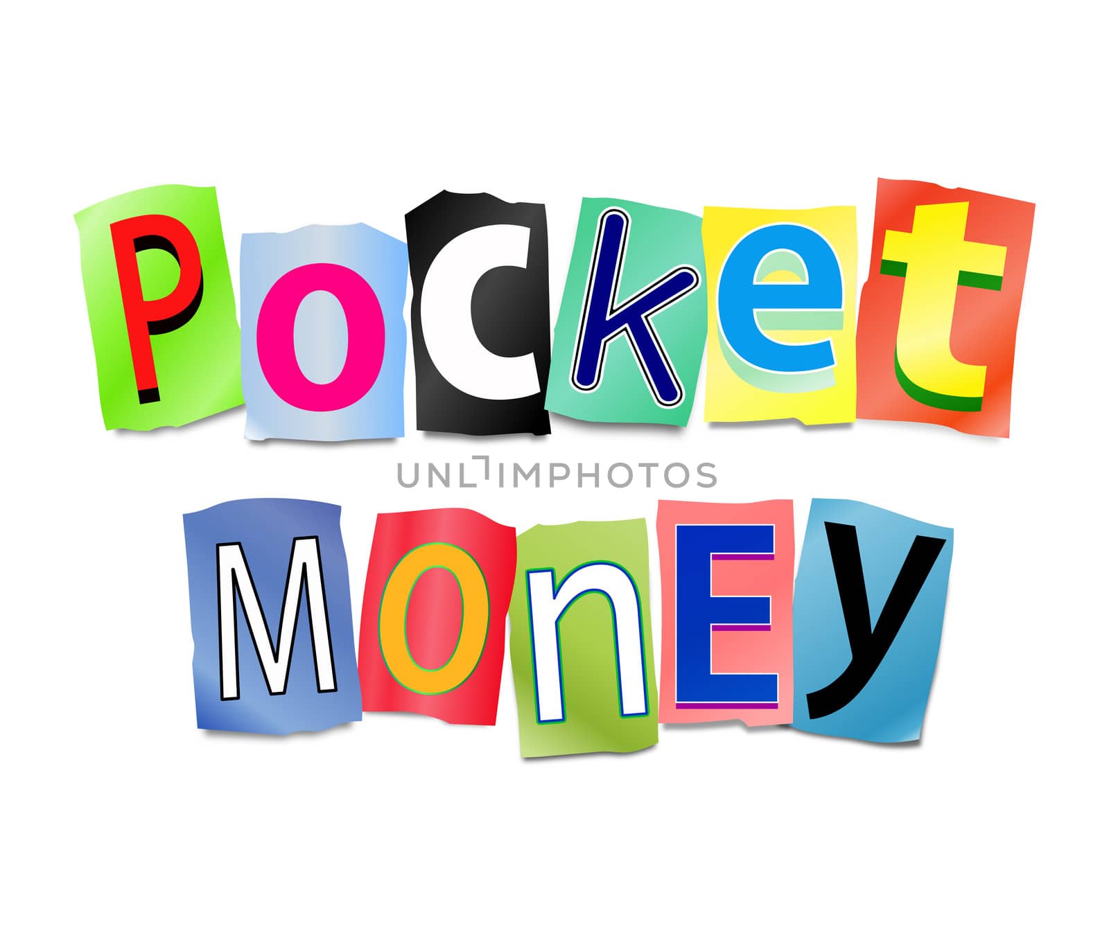 Illustration depicting a set of cut out printed letters arranged to form the words pocket money.