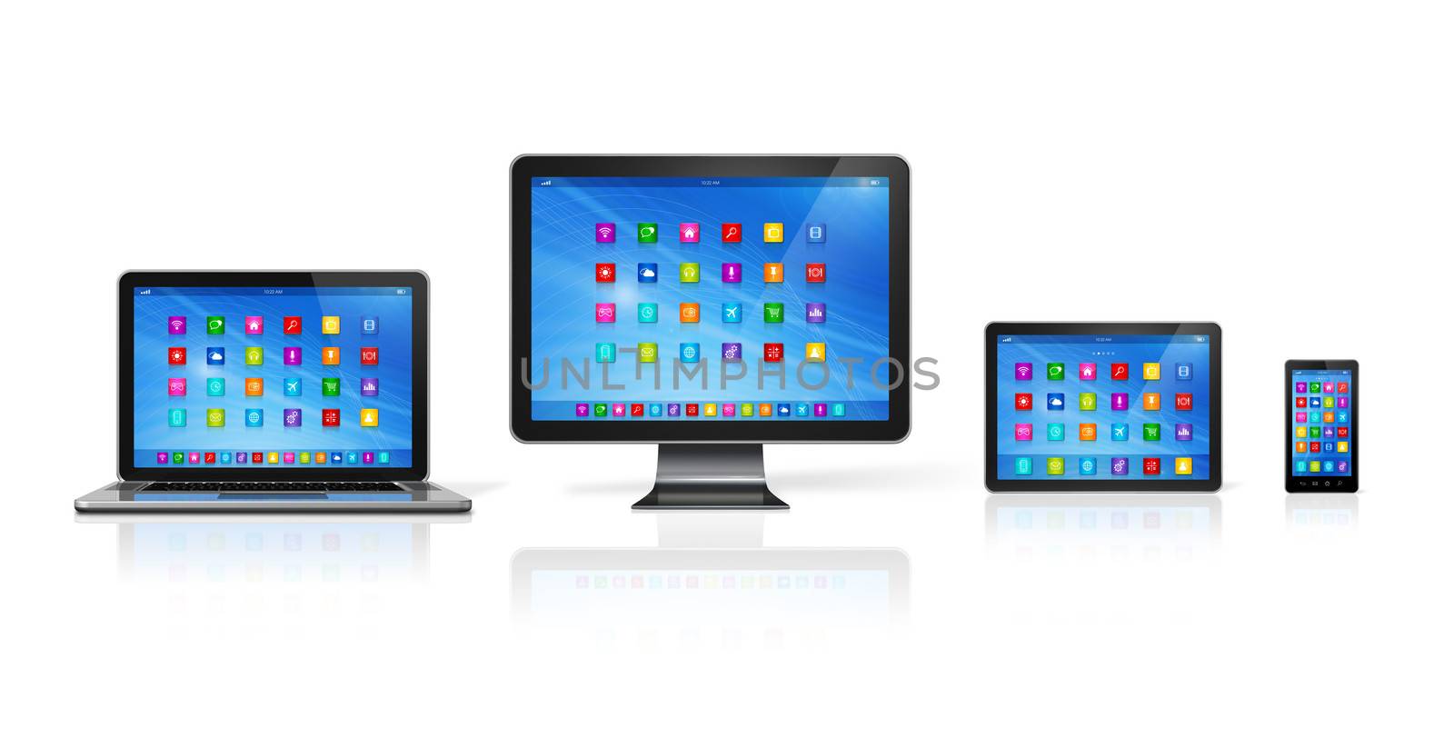 3D Smartphone, Digital Tablet Computer, Laptop and Monitor isolated on white with clipping path