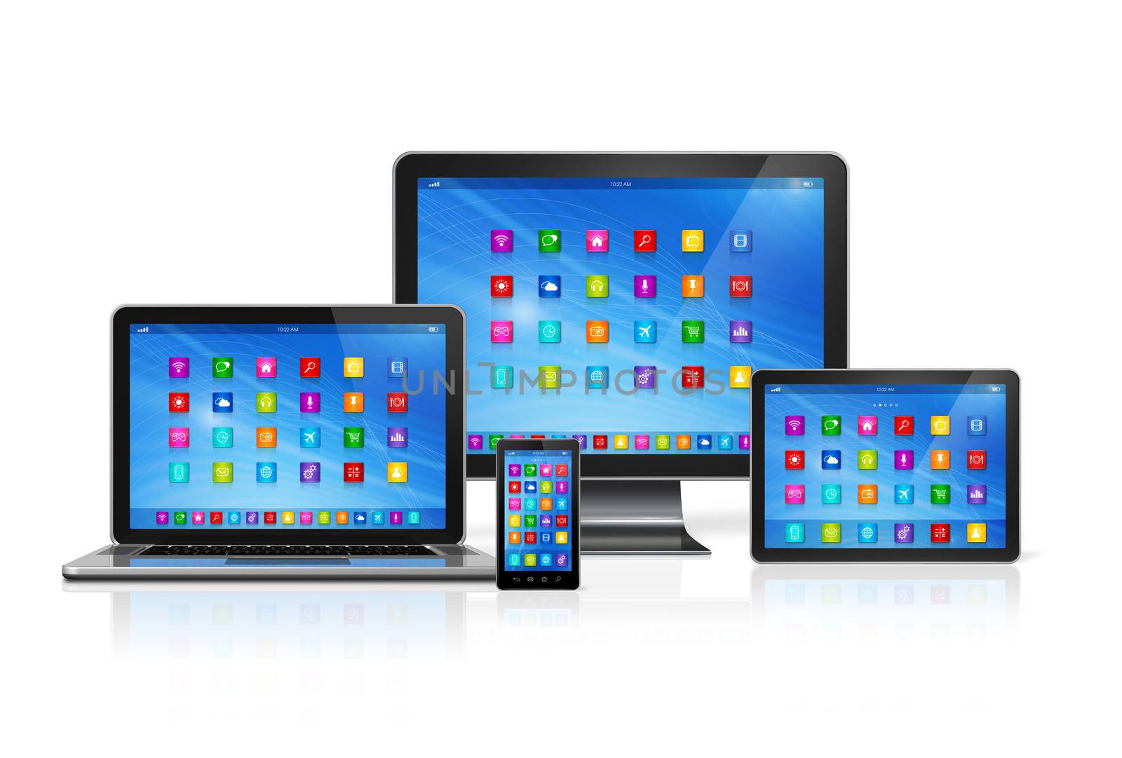 3D Smartphone, Digital Tablet Computer, Laptop and Monitor isolated on white with clipping path