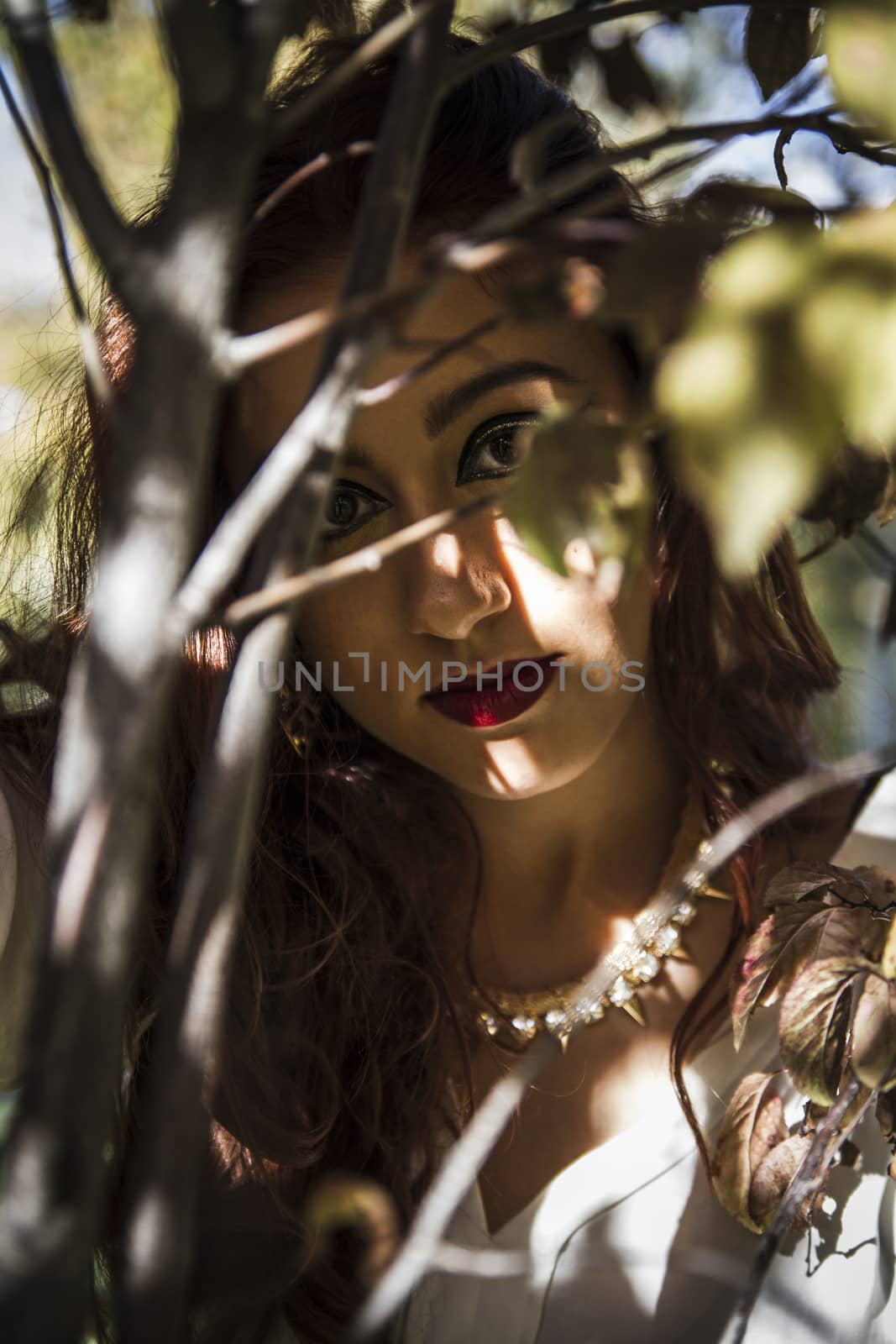 Carefree cheering woman in spring or summer forest park full of hope and vitality. Mixed race Asian Caucasian female model.