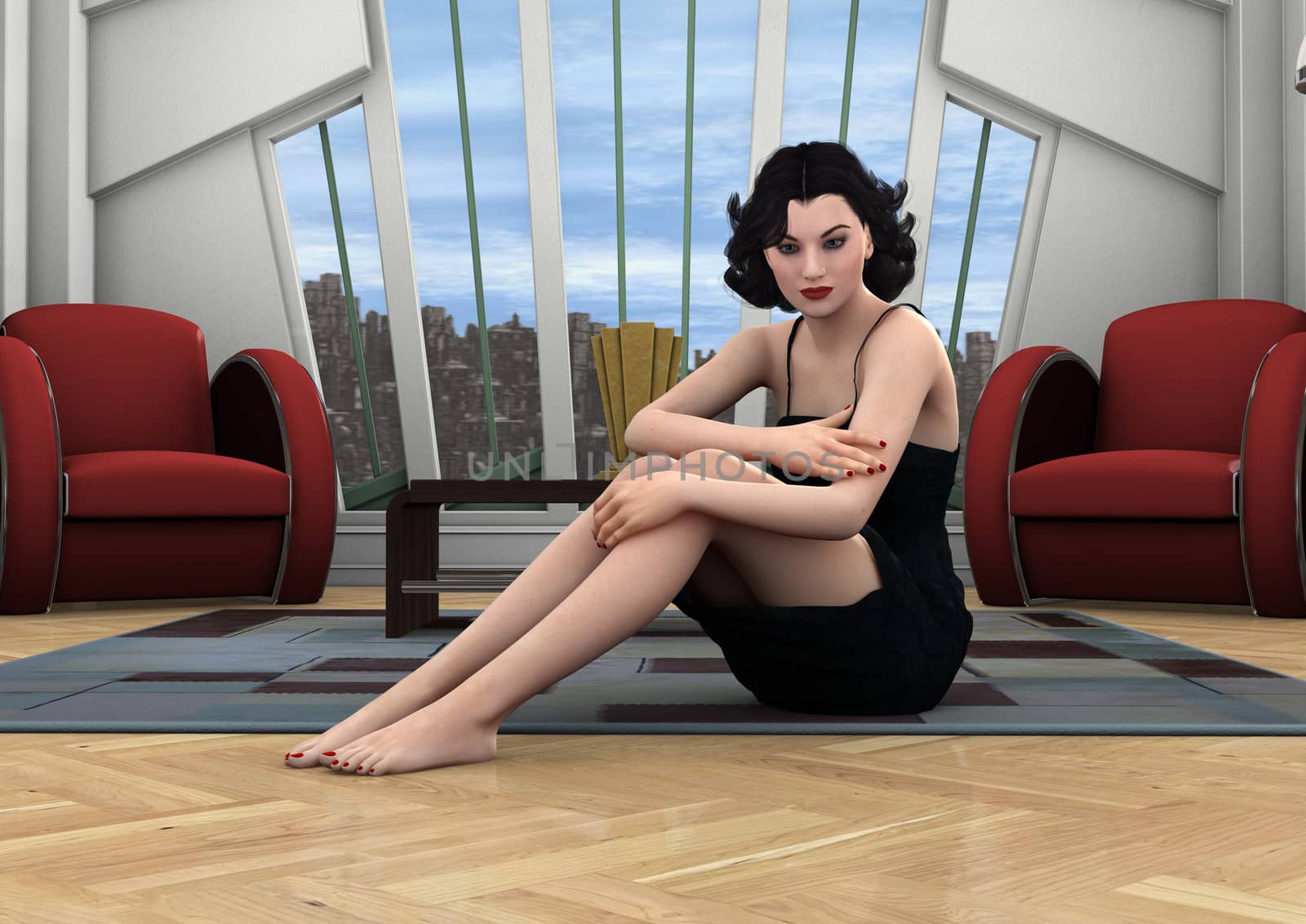 3D digital render of a beautiful woman sitting on the floor of a retro style decorated room