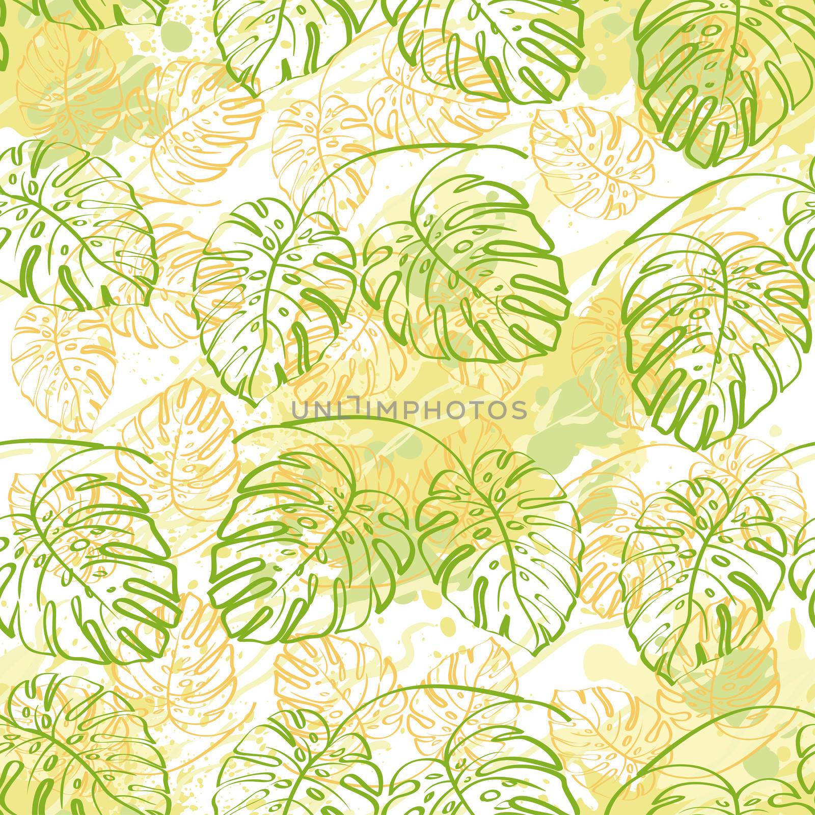 Seamless exotic background, contour monstera plants leaves and abstract pattern.
