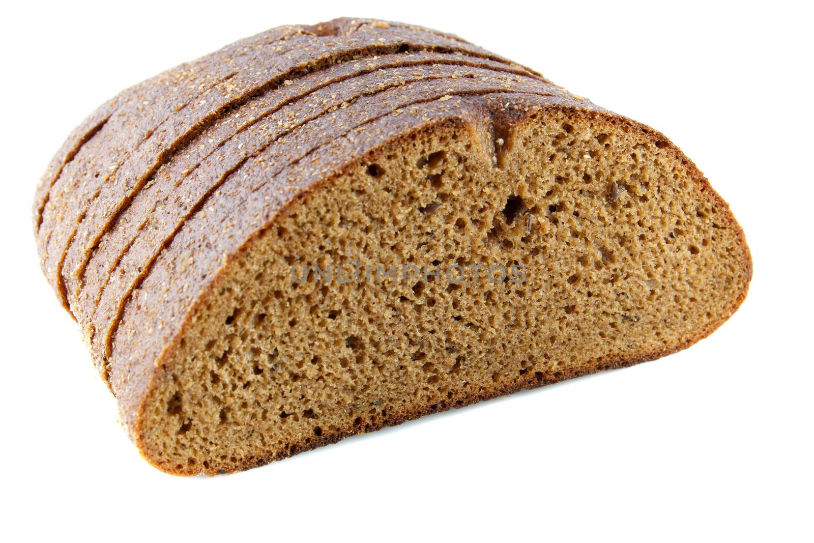 sliced rye bread on a white background