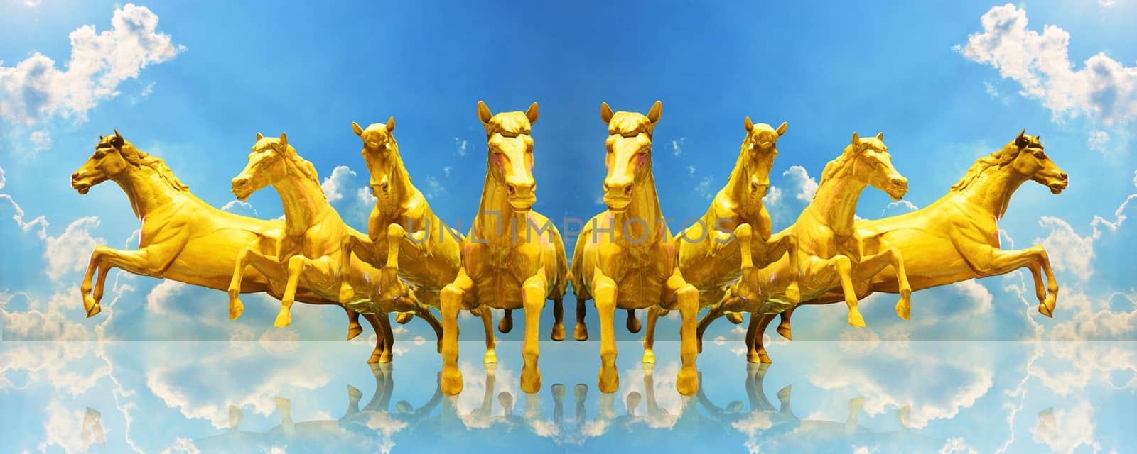 Group of golden horses running on the sky