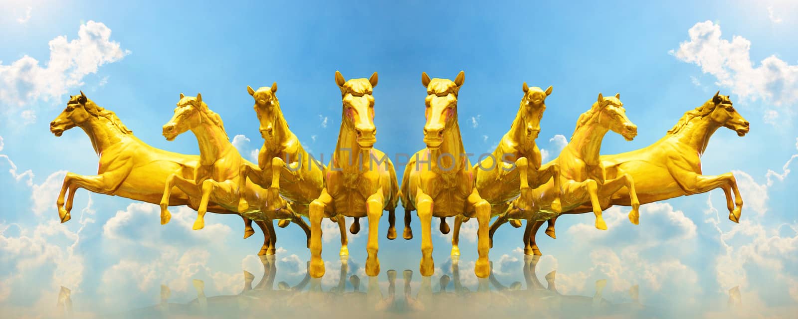 Group of golden horses running on the sky