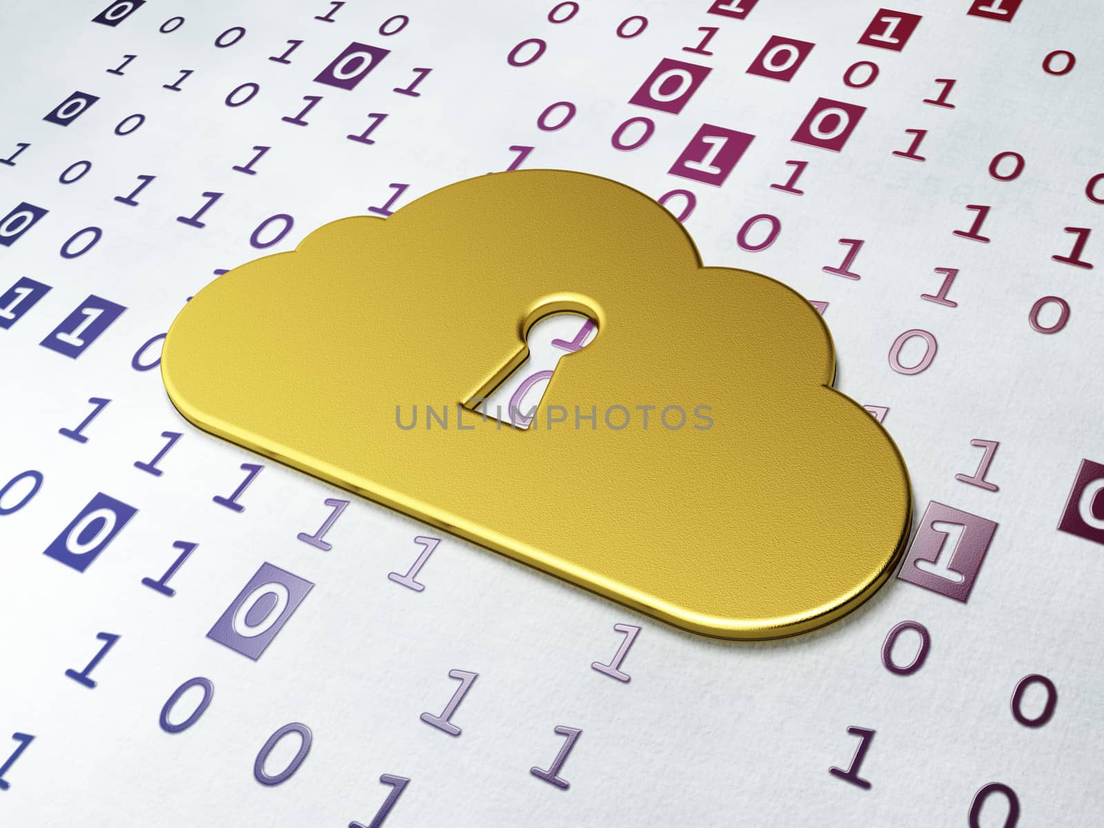 Cloud technology concept: Golden Cloud With Keyhole on Binary Code background, 3d render