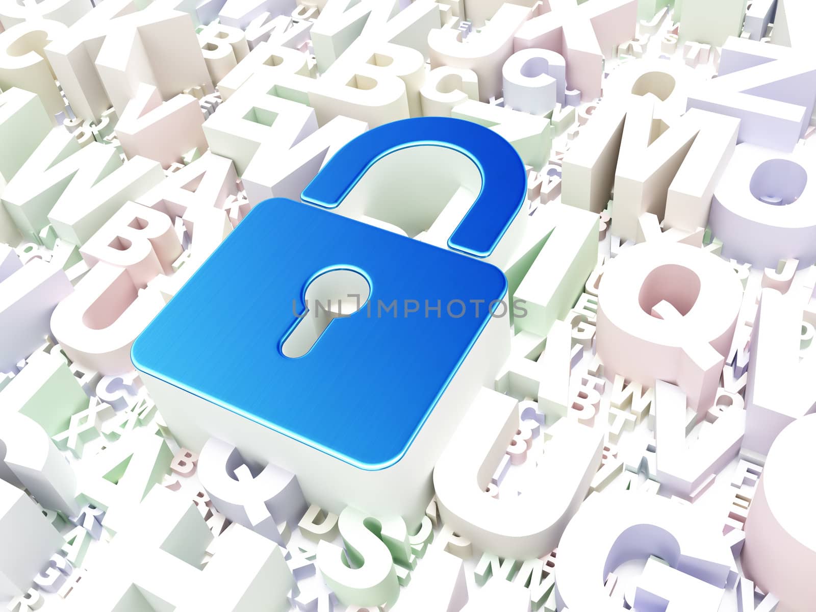 Data concept: Closed Padlock on alphabet background, 3d render