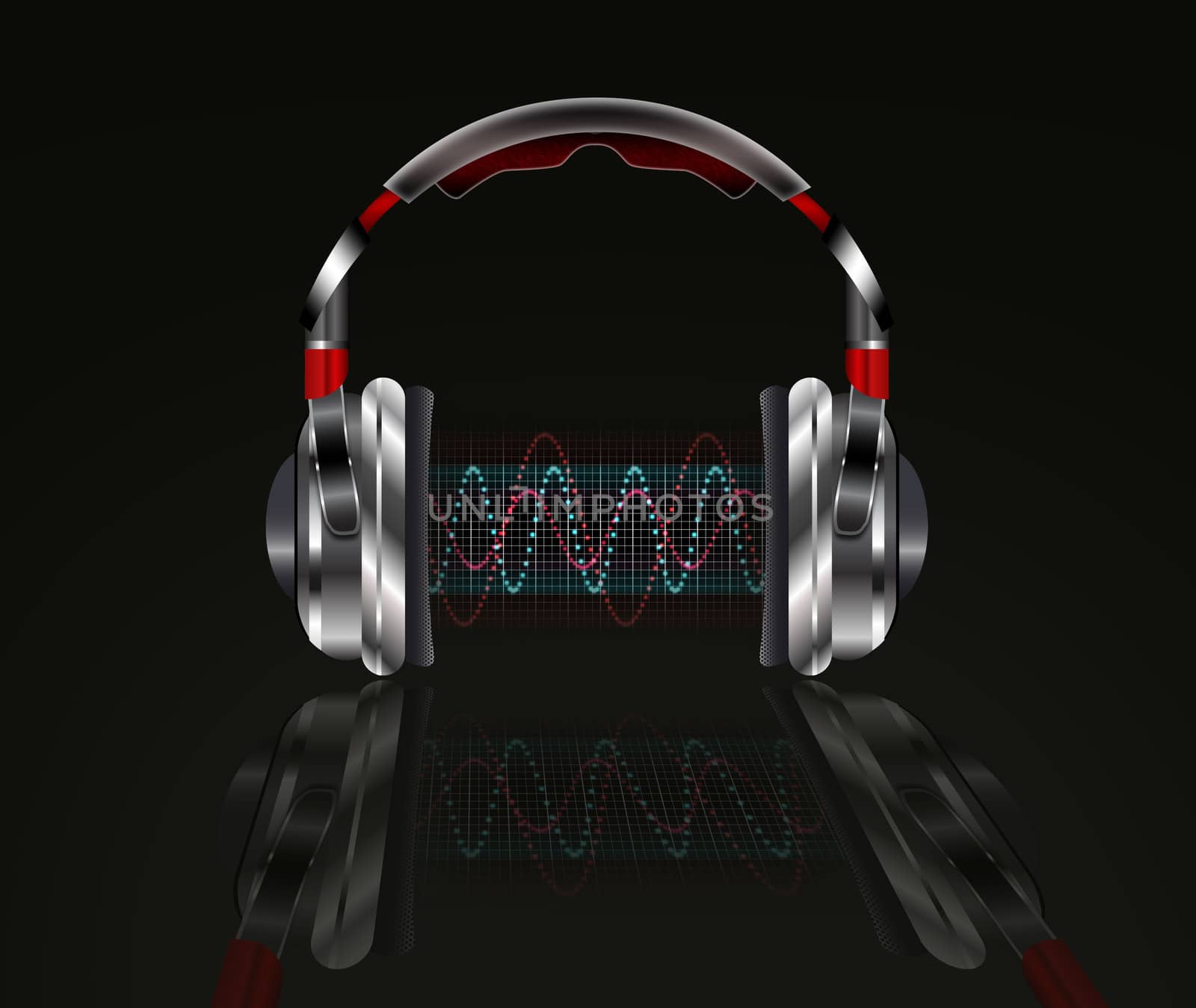 Realistic headphones with music waves.  Illustration on a black background.
