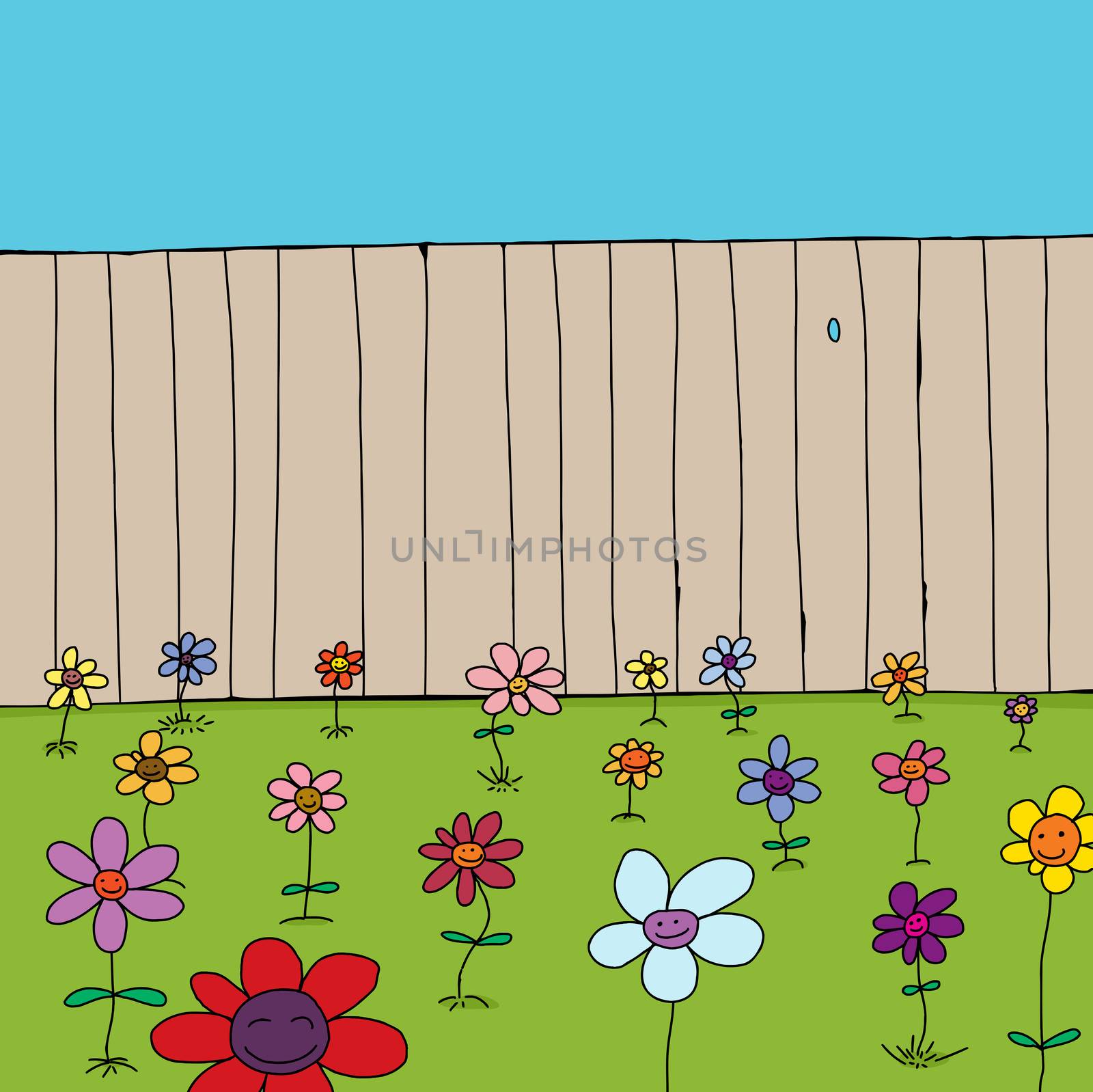 Cartoon of cute flowers in front of wooden fence