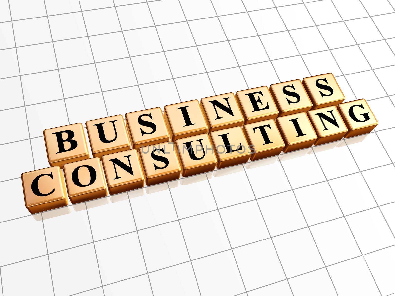 business consulting - text in 3d golden cubes with black letters, management develop concept