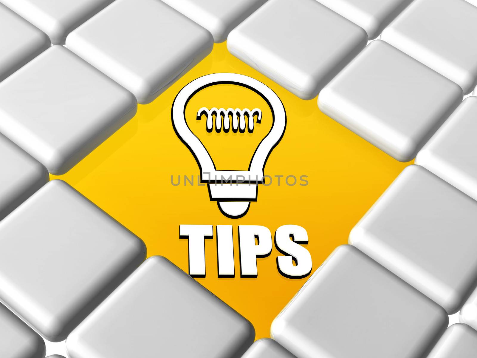 tips and bulb symbol - 3d letters and sign over yellow between grey boxes keyboard, business support concept