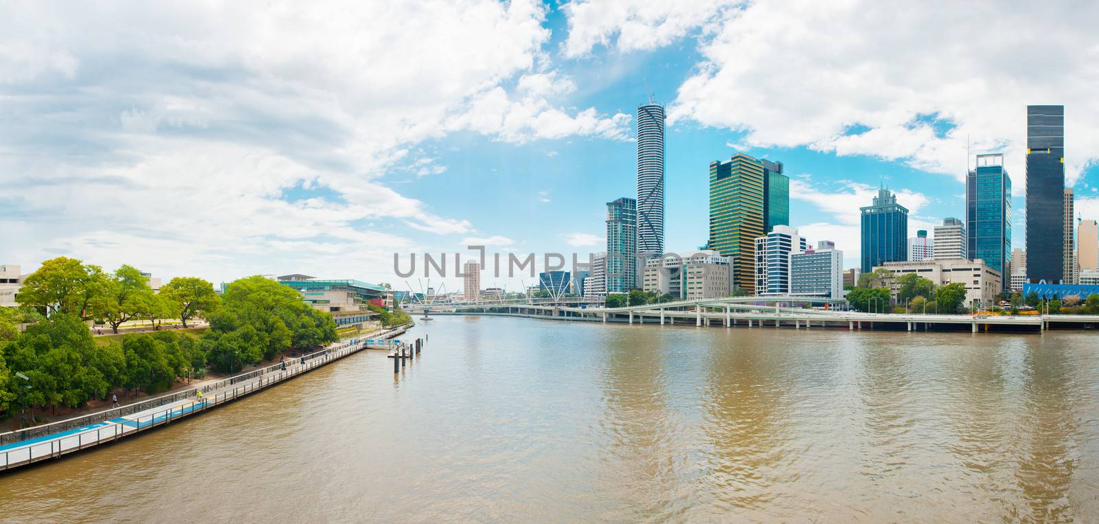 Brisbane skyline with skyscrapers across the Brisbane river. Queensland, Australia. Panoramic photo