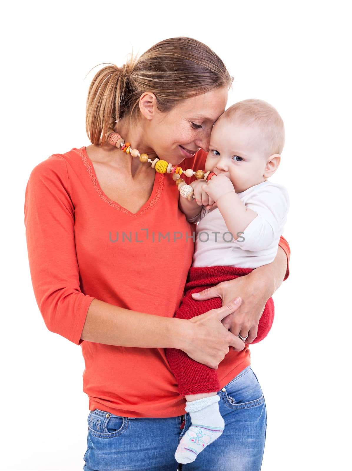 Young Caucasian woman and baby boy over white background