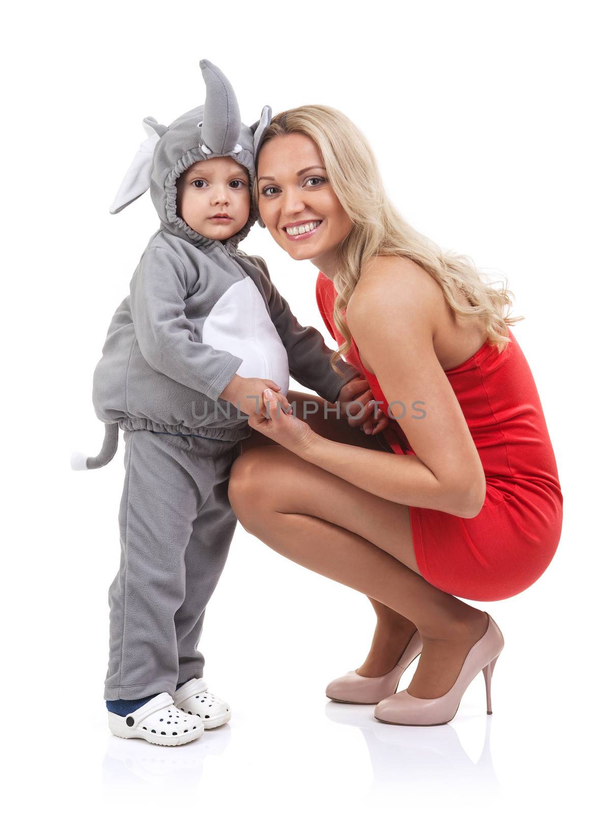 Elegant mom and baby dress as elephant over white background