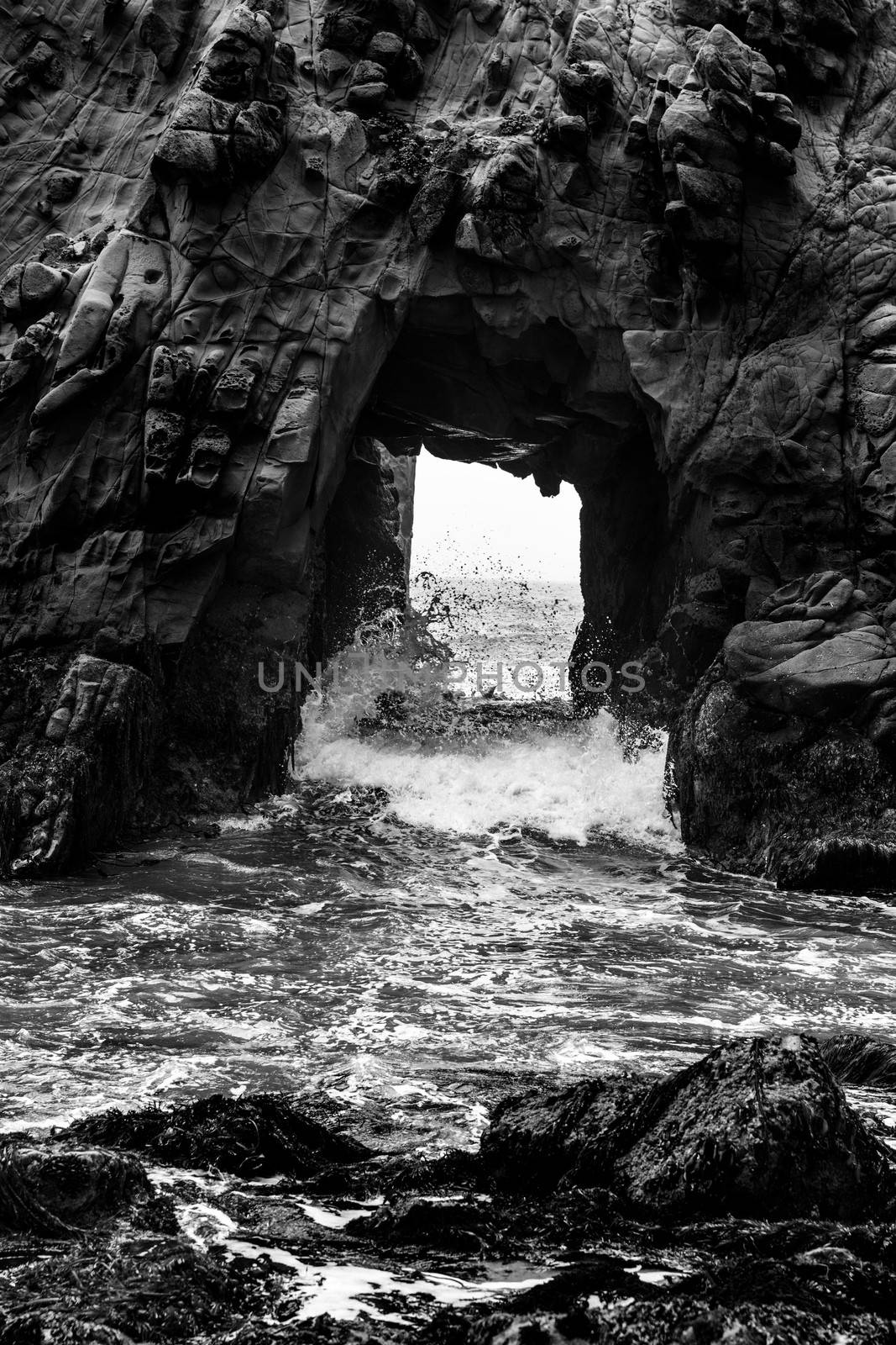 California Pfeiffer Beach in Big Sur State Park dramatic black and white rocks and waves