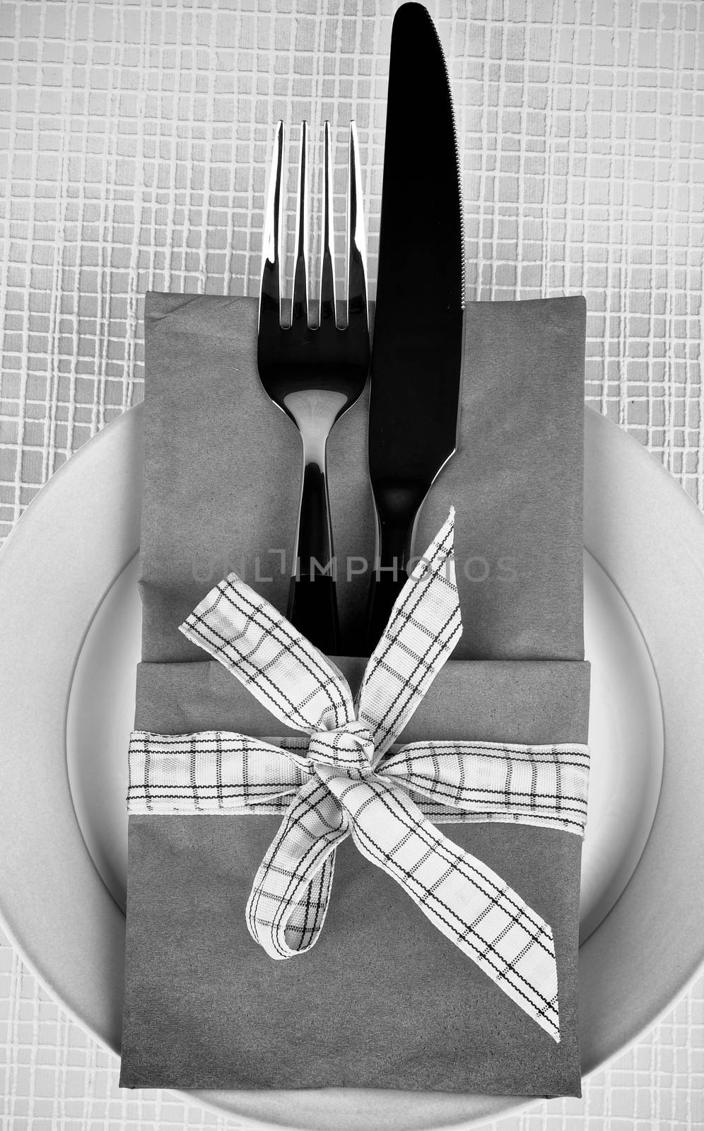 Elegant Table Setting with Fork and Table Knife into Napkin Decorated with Checkered Bow on Plate. Monochrome View