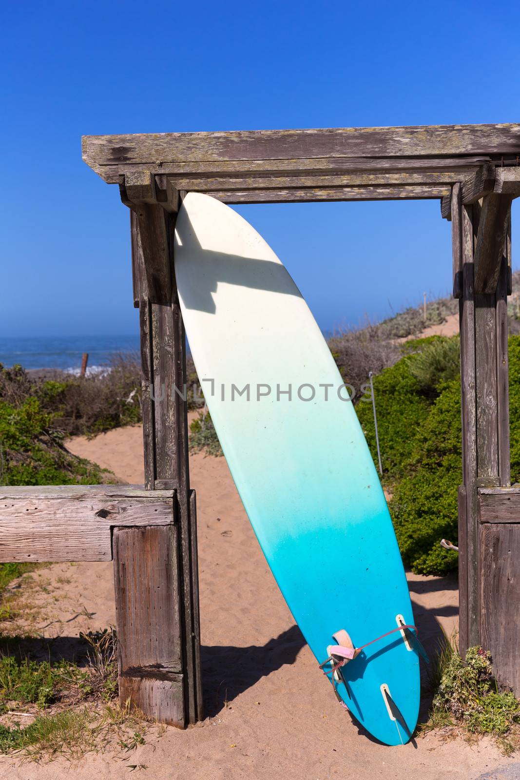 California surfboard on beach in Cabrillo Highway on State Route 1 San Mateo