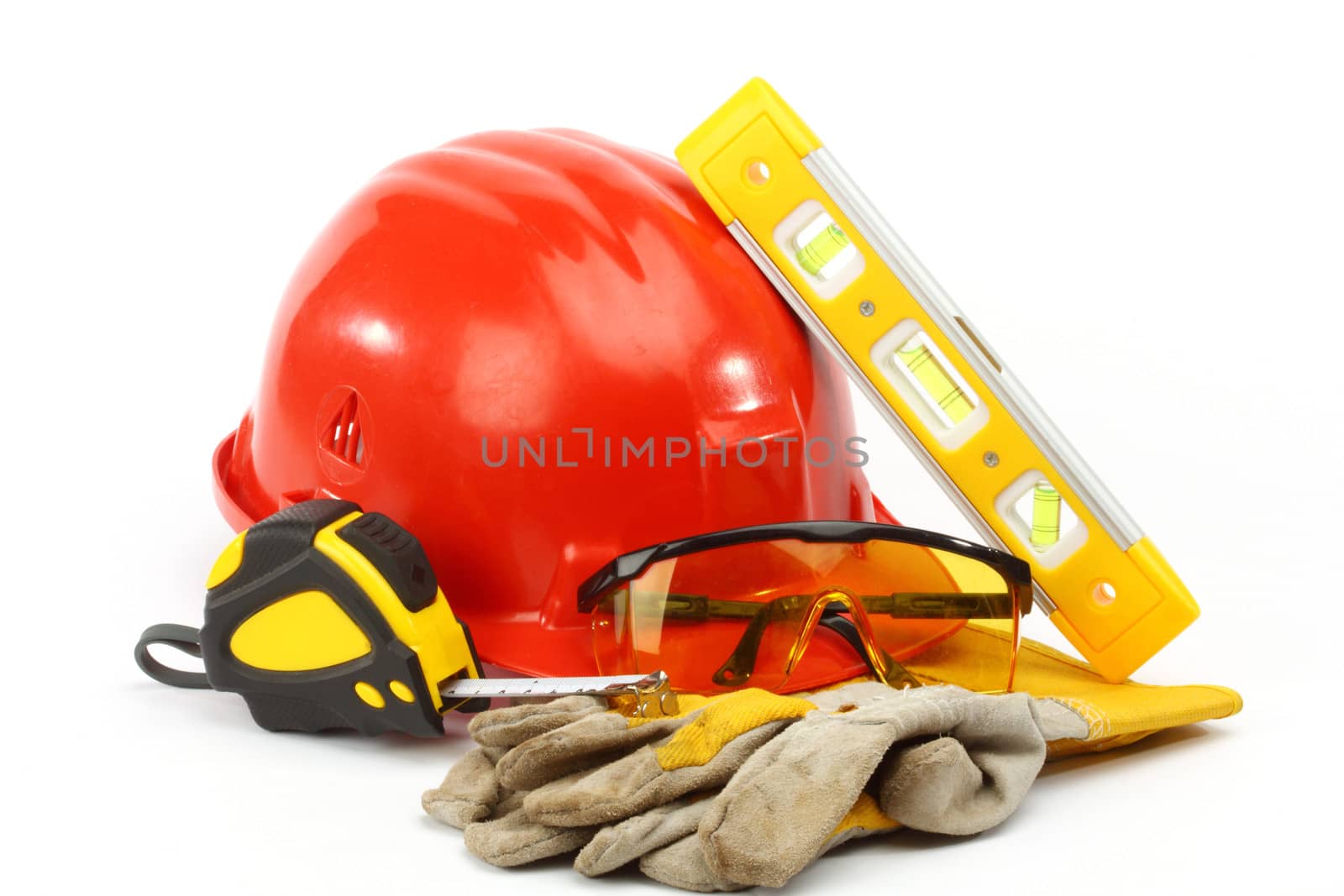 Safety gear kit close up over white 