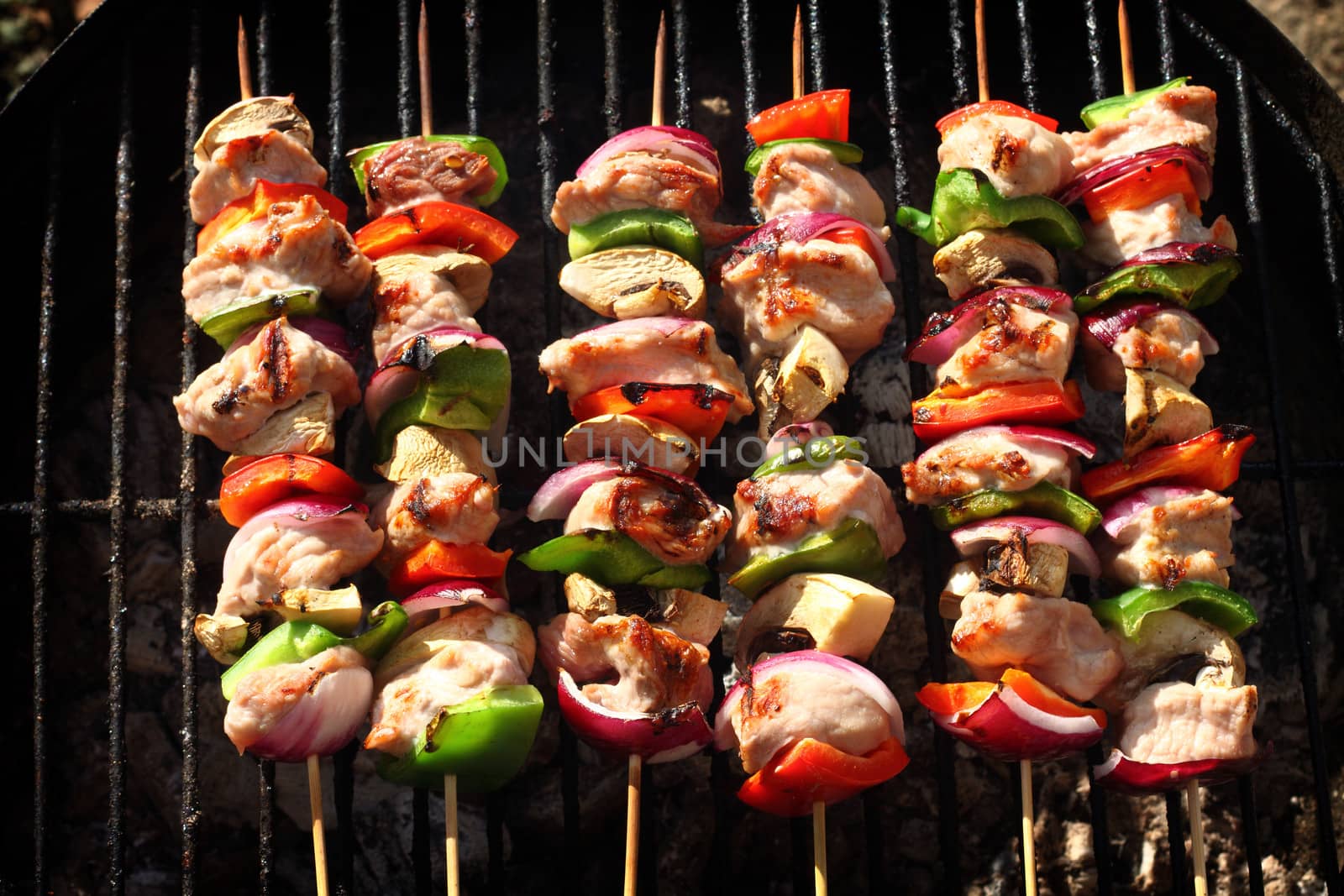 Barbecue skewers with pork and vegetables