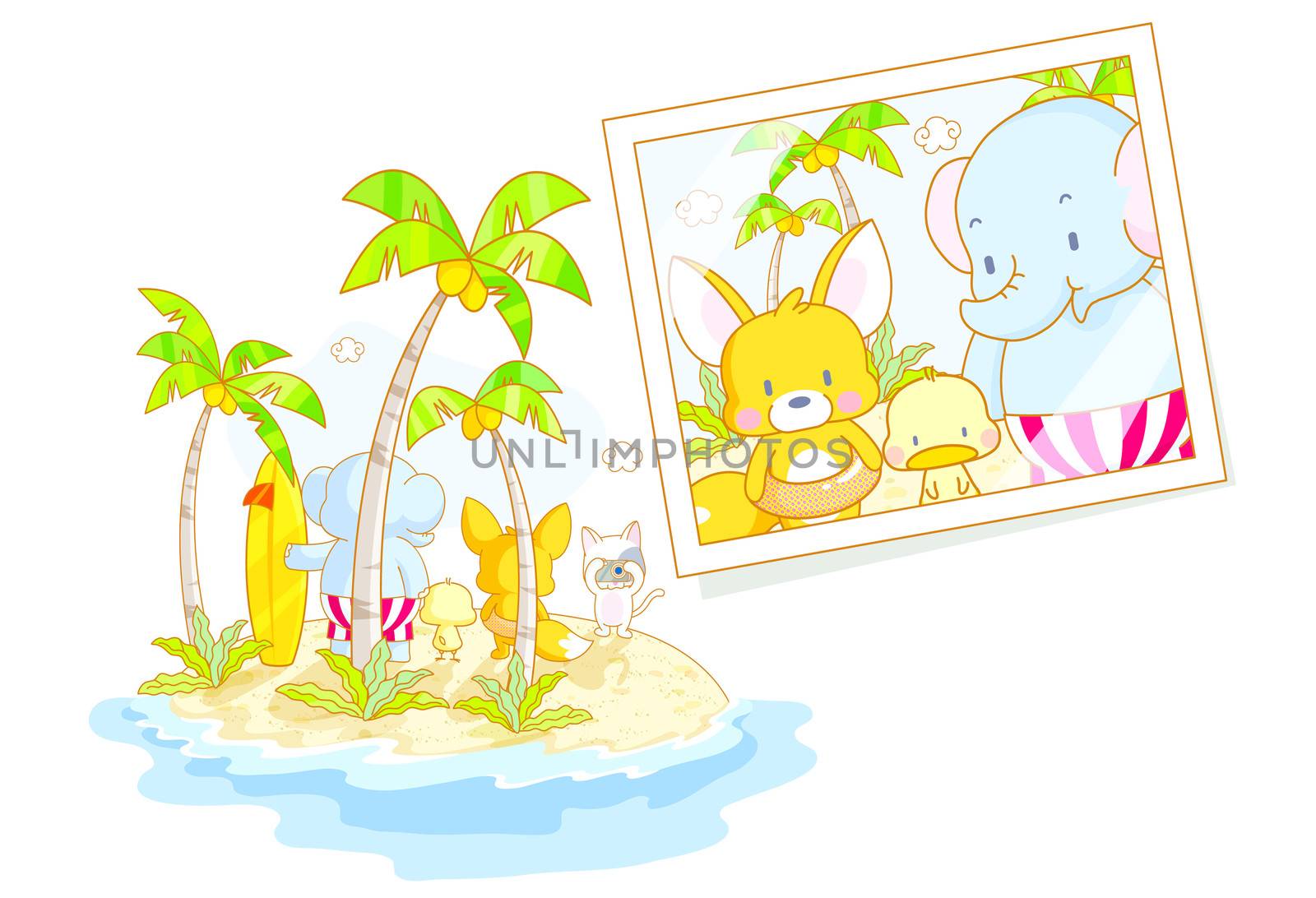 funny animals elephant,chicks and squirrel cartoon on the beach