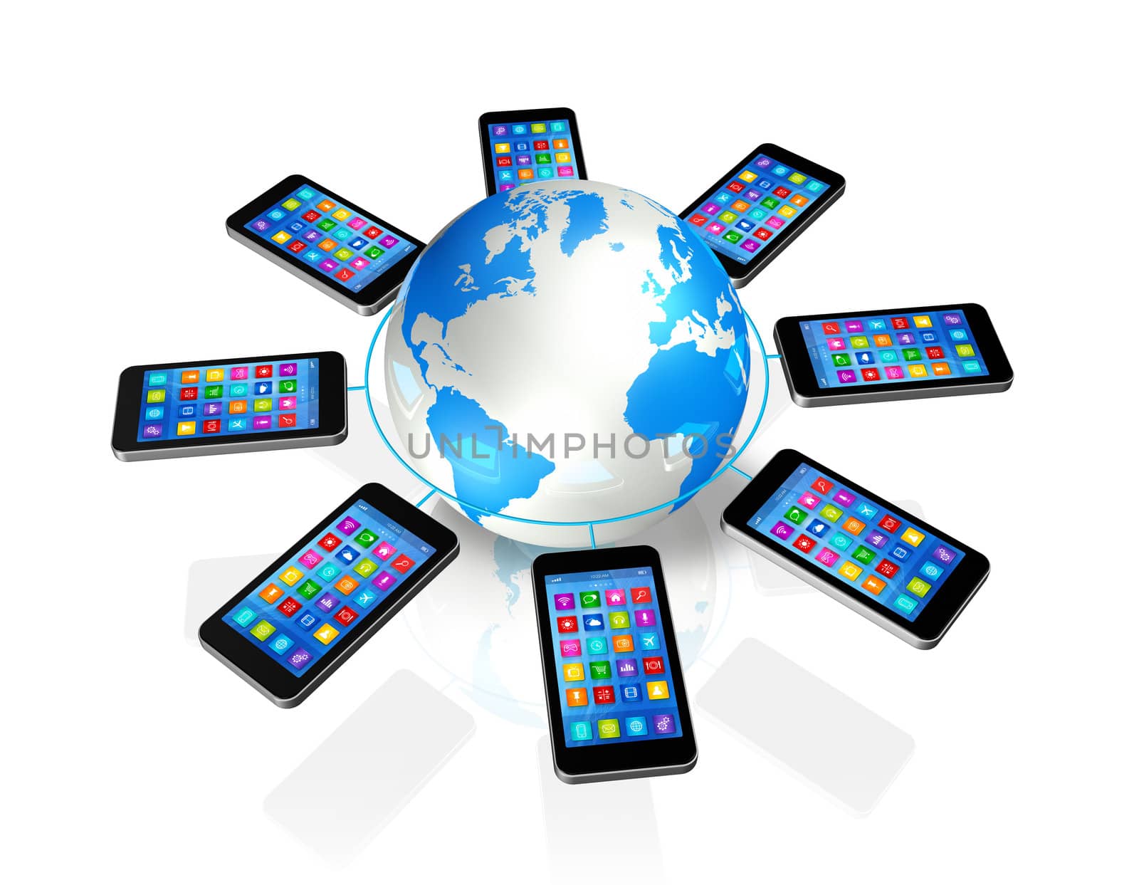 3D Smartphones Around World Globe, isolated on white - Global Communication Concept