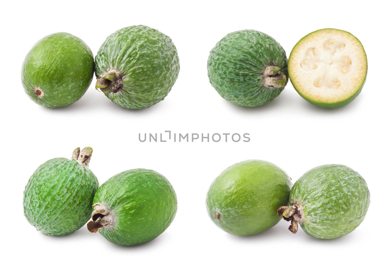 Collection of feijoa acca sellowiana fruits isolated on white background