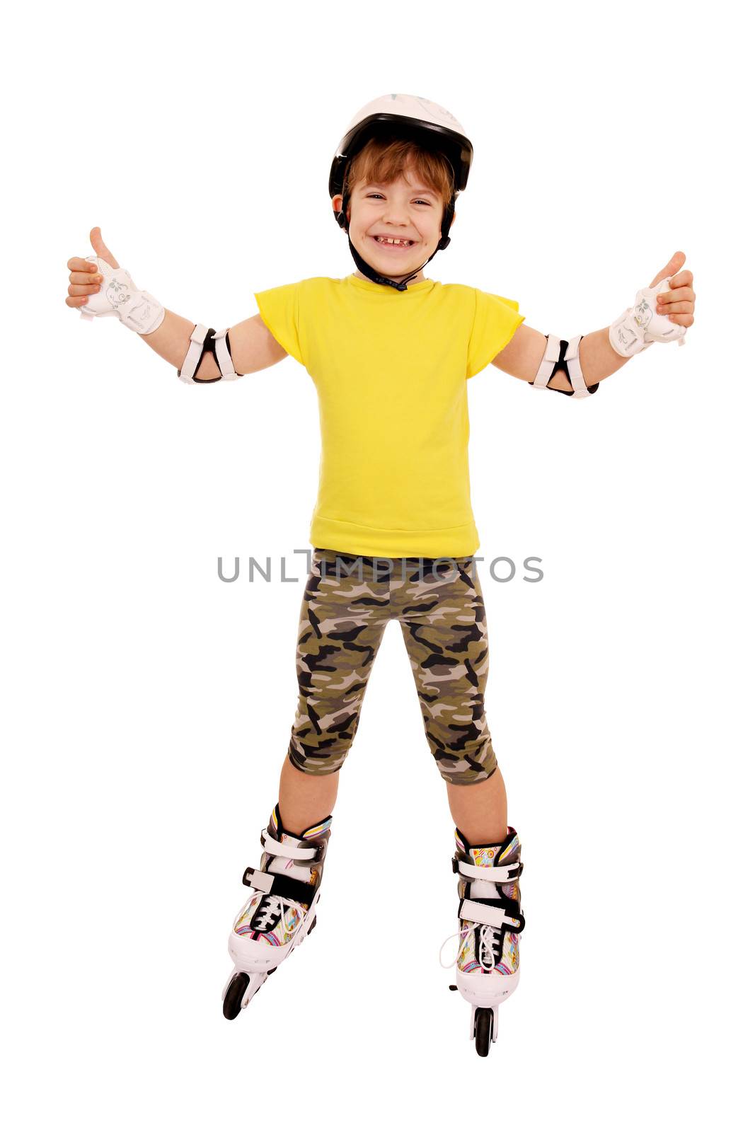 little girl with roller skates and thumbs up