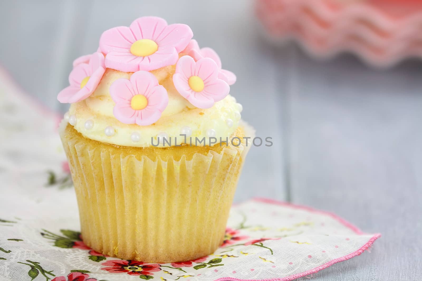 Pretty yellow and pink cupcakes with extreme shallow depth of field.