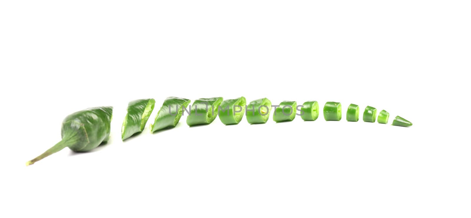 Slices of green chilli pepper. Isolated on a white background.