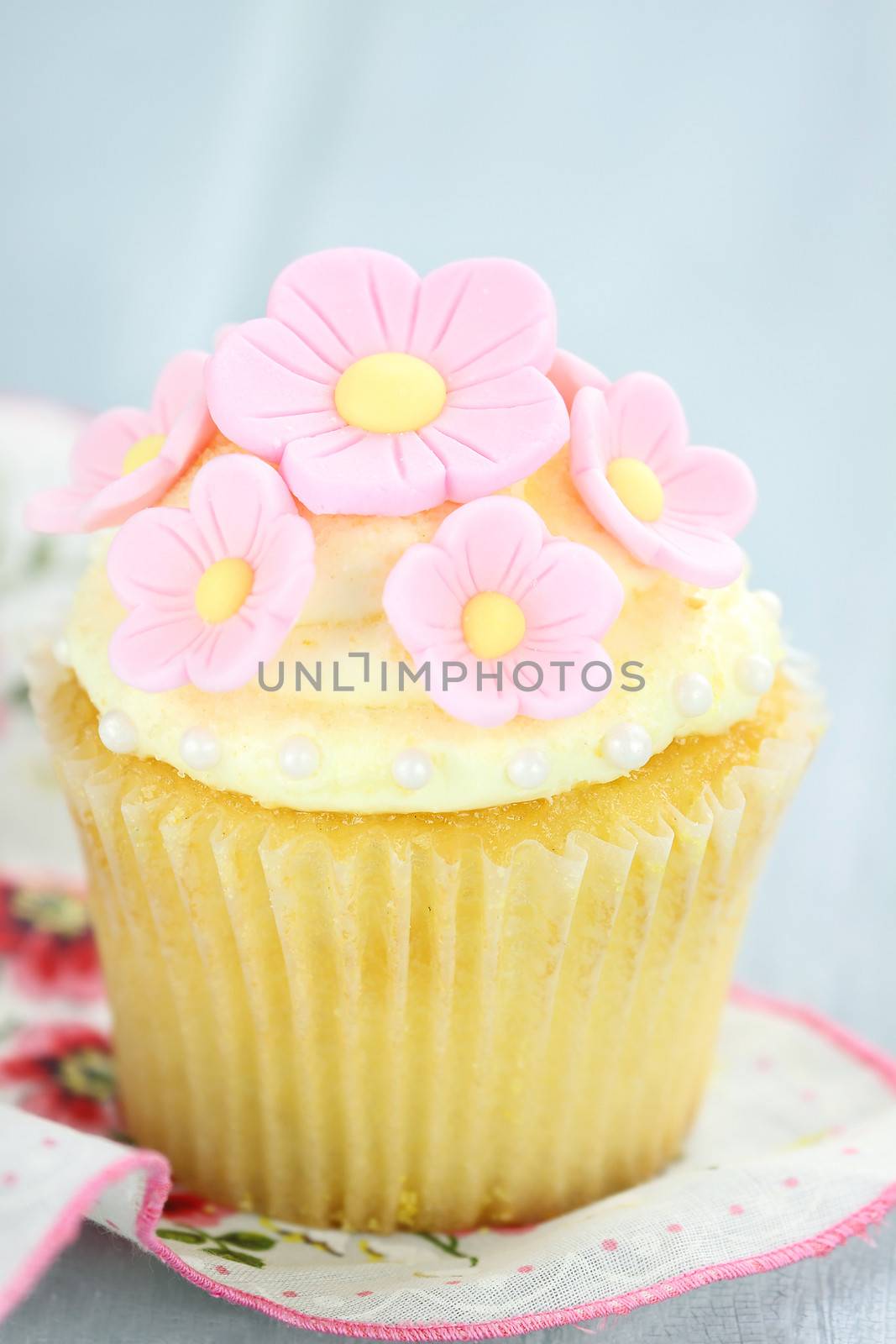 Pretty yellow and pink cupcakes with extreme shallow depth of field.