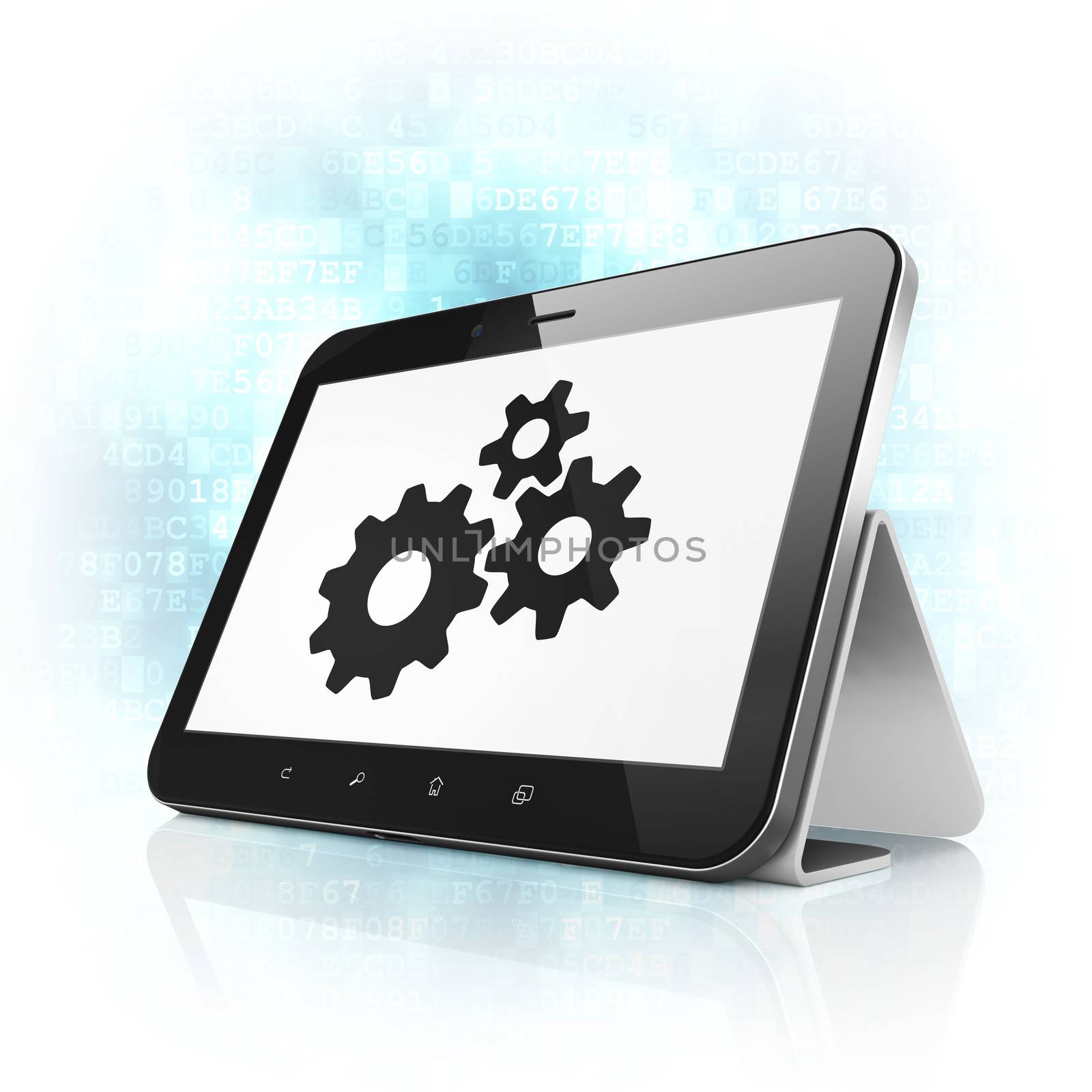 Information concept: black tablet pc computer with Gears icon on display. Modern portable touch pad on Blue Digital background, 3d render