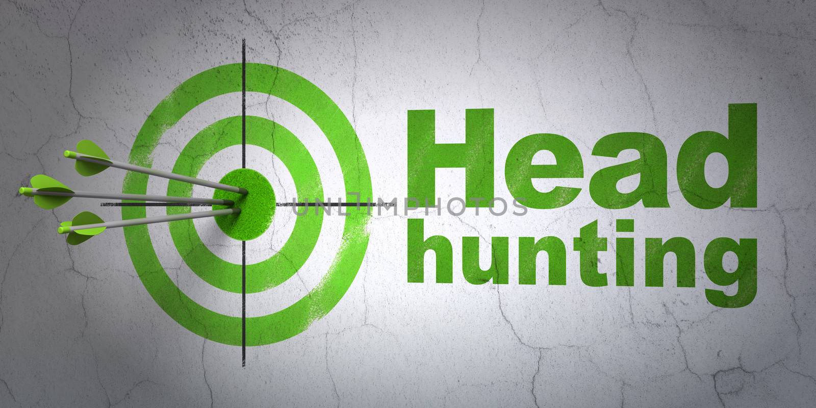 Success business concept: arrows hitting the center of target, Green Head Hunting on wall background, 3d render