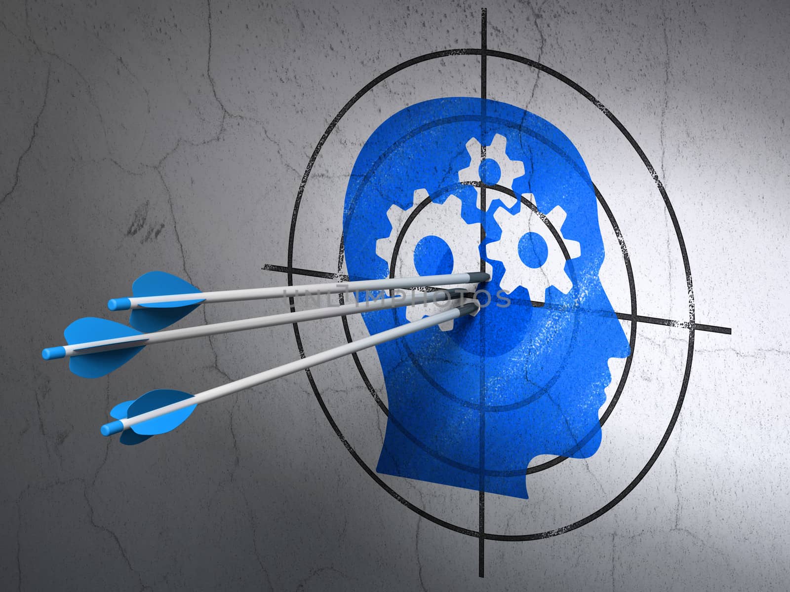 Success advertising concept: arrows hitting the center of Blue Head With Gears target on wall background, 3d render
