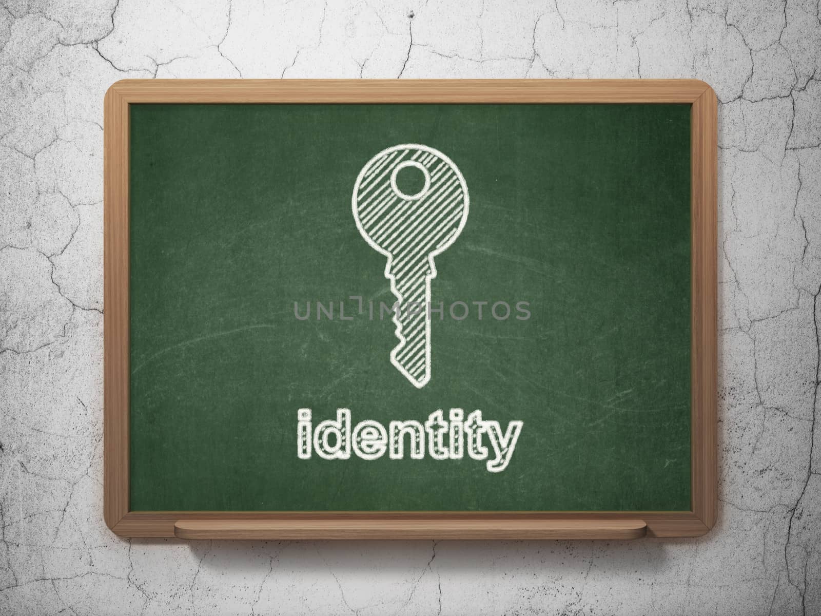 Safety concept: Key icon and text Identity on Green chalkboard on grunge wall background, 3d render