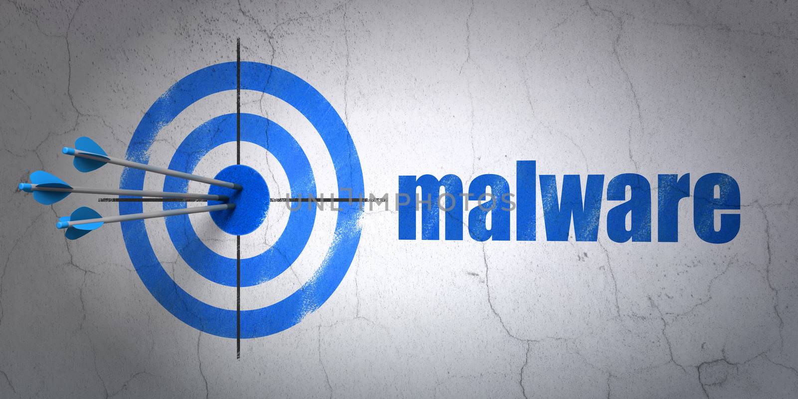 Success security concept: arrows hitting the center of target, Blue Malware on wall background, 3d render