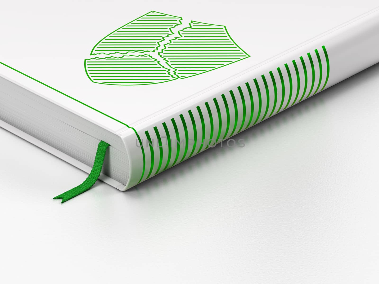 Security concept: closed book with Green Broken Shield icon on floor, white background, 3d render