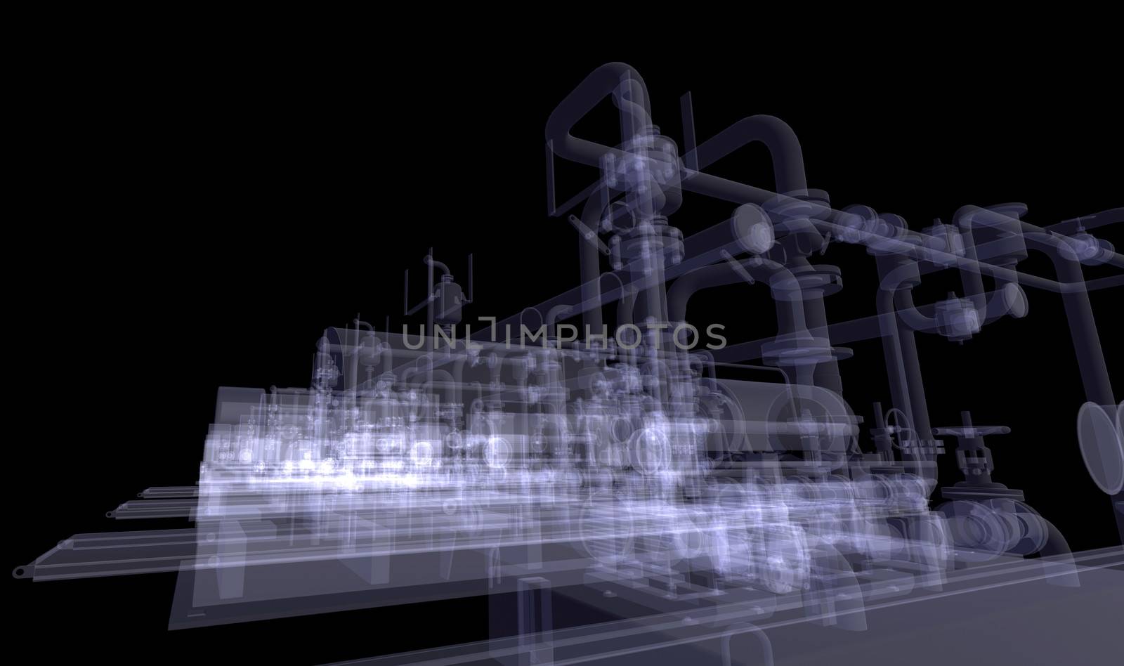 Industrial equipment. X-Ray render isolated on a black background