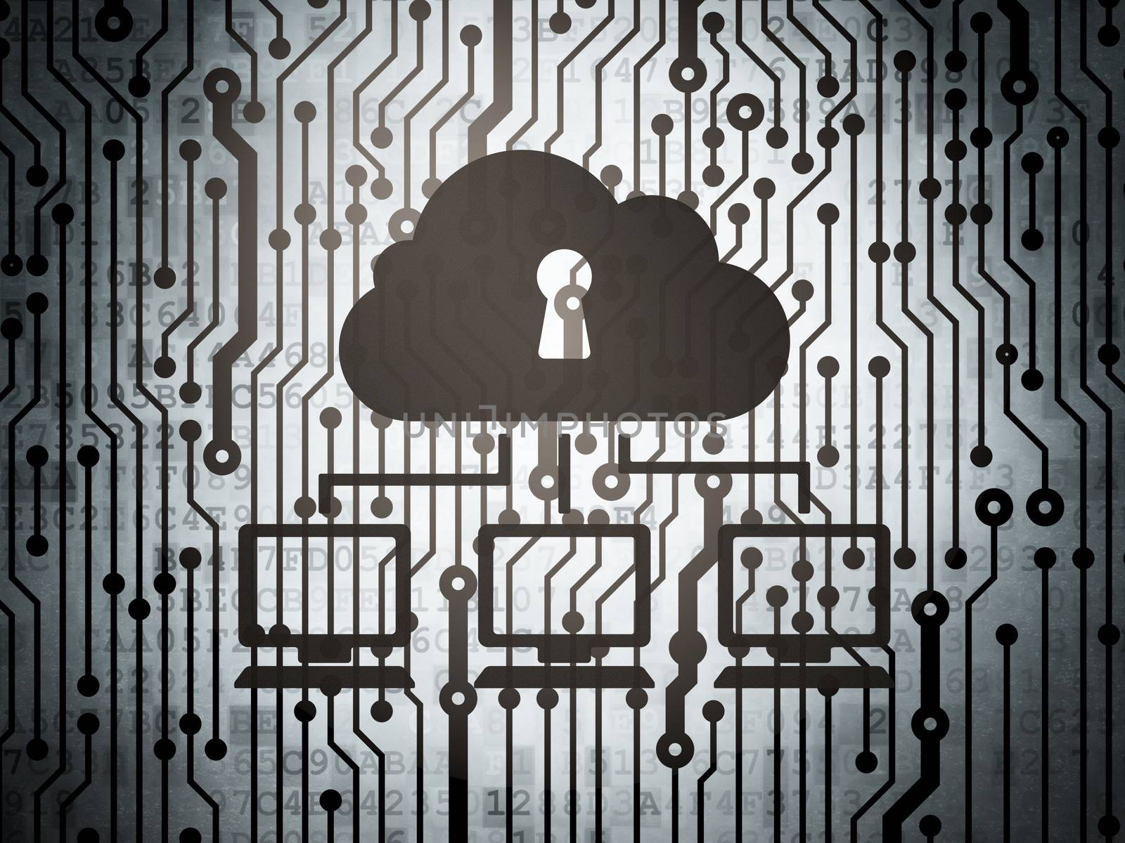 Cloud technology concept: circuit board with  Cloud Network icon, 3d render