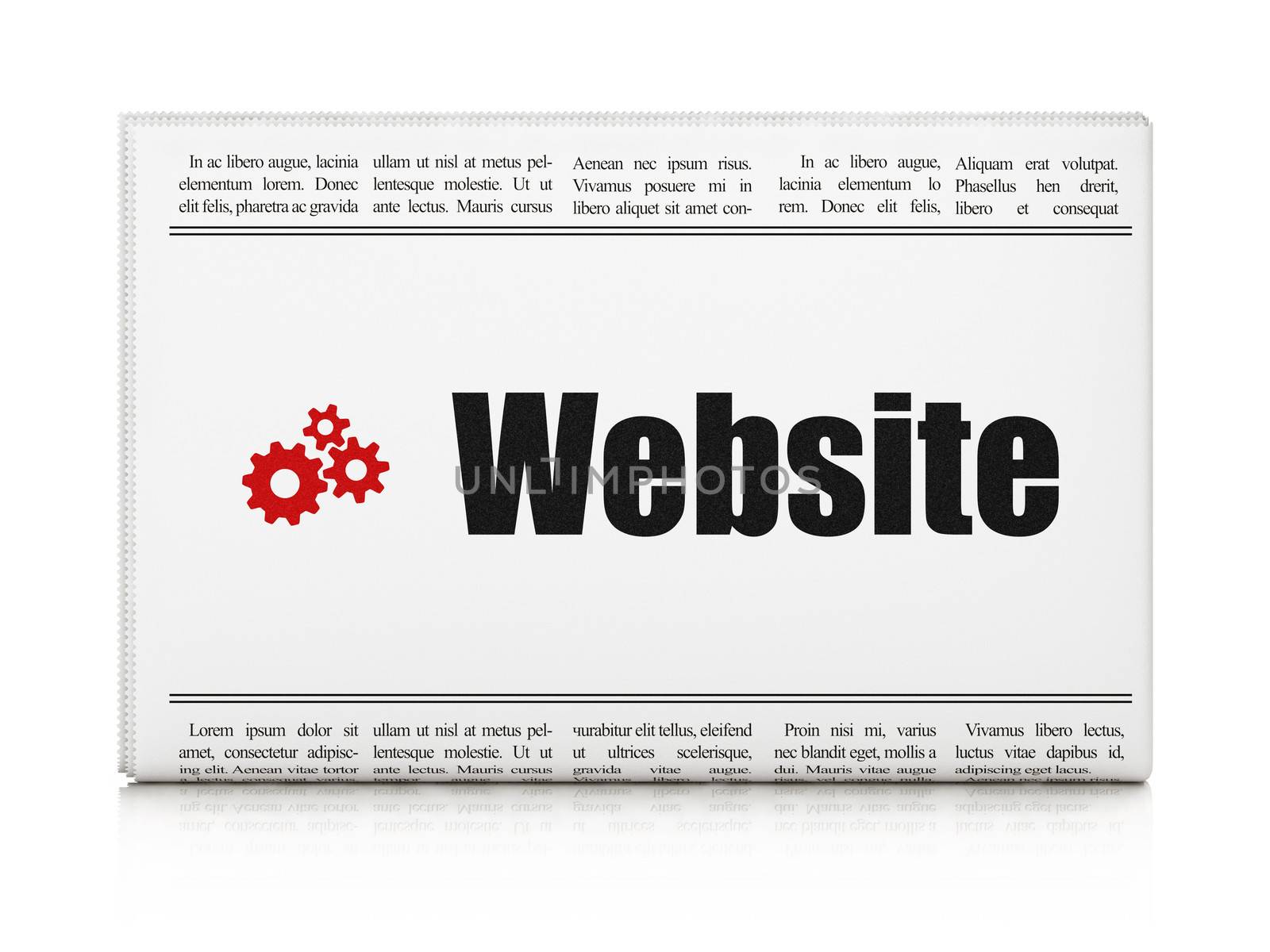 Web design concept: newspaper headline Website and Gears icon on White background, 3d render