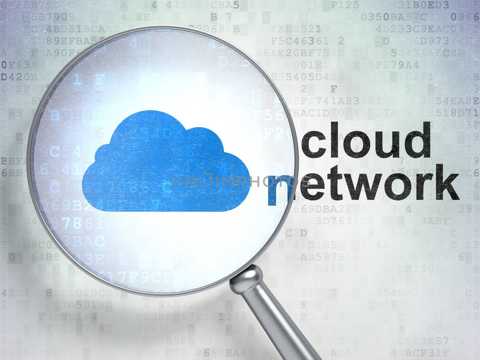 Cloud technology concept: magnifying optical glass with Cloud icon and Cloud Network word on digital background, 3d render