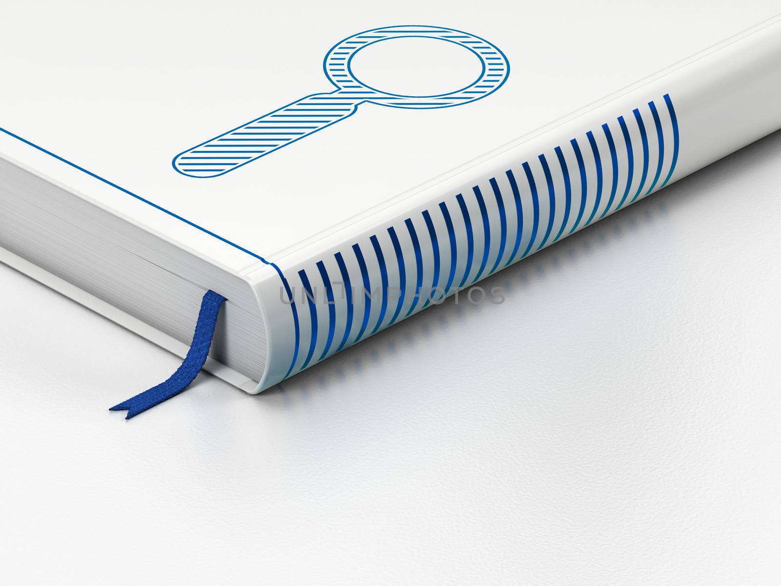 Data concept: closed book with Blue Search icon on floor, white background, 3d render